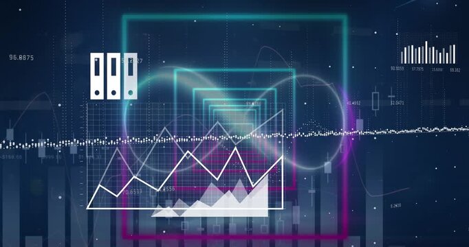 Animation of digital icons and data processing over neon squared shapes in seamless pattern