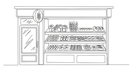 Fototapeta premium Sketch of a bakery storefront display with shelves full of bread and pastries.
