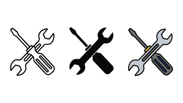 Set of crossed screwdriver and wrench icons in different styles