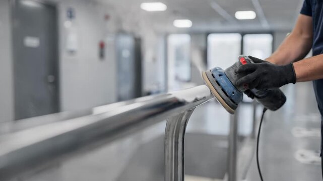 Smooth rounded metal railing being smoothly sanded in a corridor medium shot with the tool and handrail in crisp focus corridor details softly blurred behind.