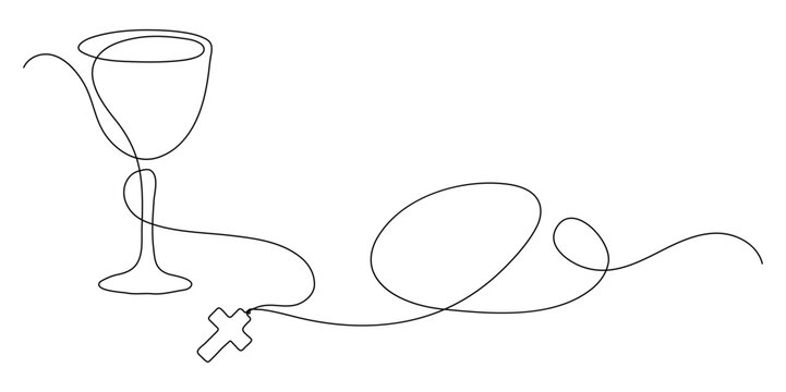 Holly Communion. Chalice with bread and cross. Continuous line drawing. Christianity religion concept. Frame border.