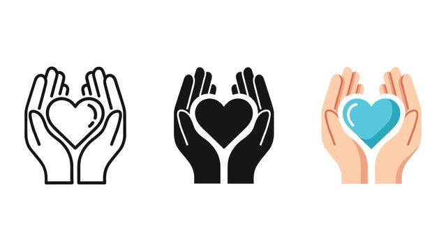 Hands holding heart icon set in different style
