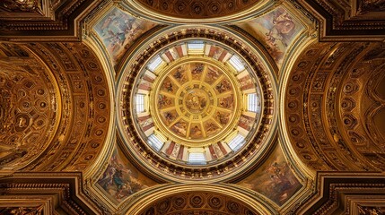 Cinematic religious interior photography. Light pours from dome oculus, outlining gilded relief with dramatic vertical grandeur
