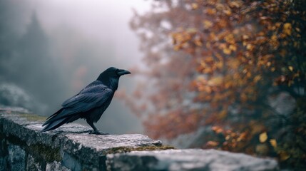 Obraz premium Black raven perched on mossy stone wall with autumn foliage background. Fall season outdoor bird wildlife concept. Nature scene.