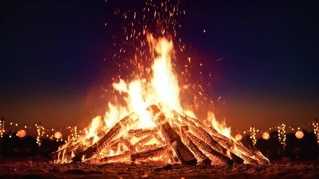 Huge bonfire burning brightly at twilight celebration