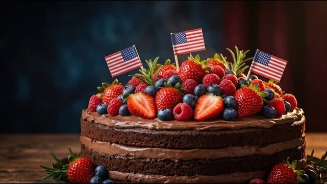 Delicious chocolate layer cake decorated with fresh berries and American flags for Independence Day celebration on rustic wooden table