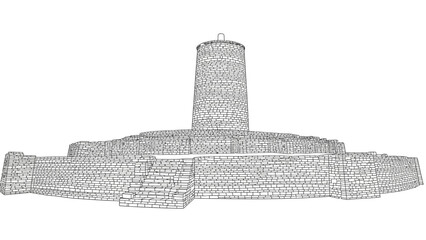 Ancient stone tower with tiered base in line art. © wdflm