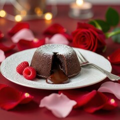 Romantic chocolate lava cake with raspberries