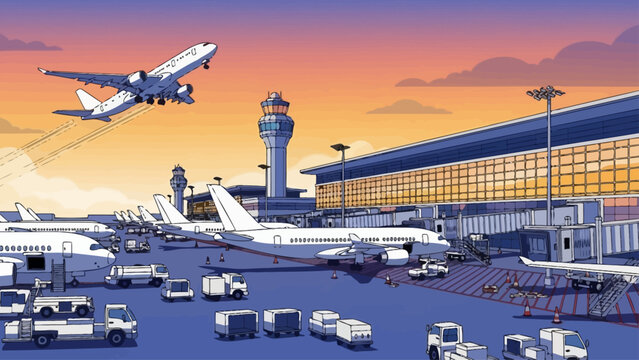 Airplane taking off from airport at sunset