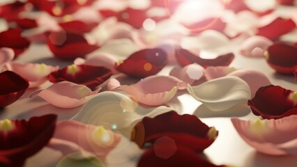 Scattered rose petals in soft light