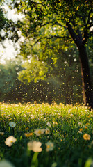 Obraz premium Sunlight filters through trees, illuminating a field of flowers in a serene natural setting during a warm afternoon