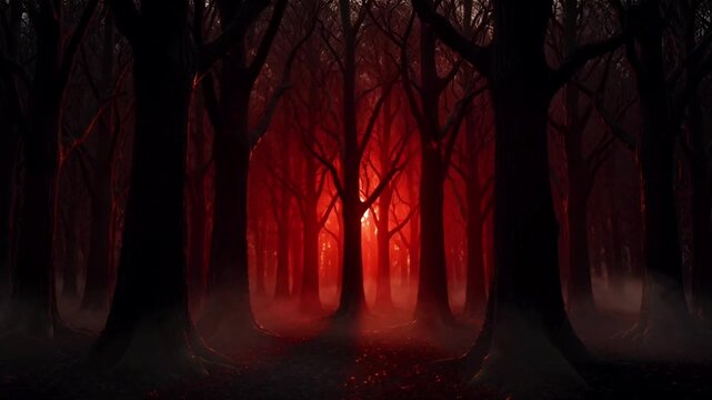 Animation dark haunted forest with mist and red moonlight background.