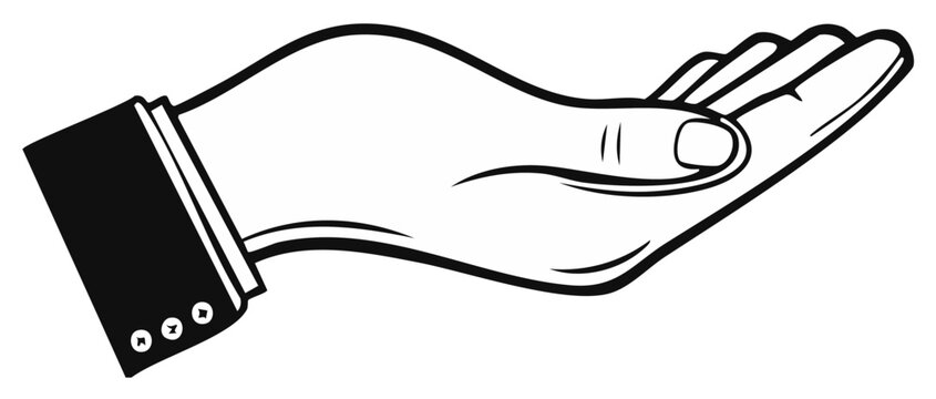 Business hand offering open palm in outstretched gesture line art