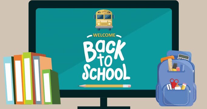 Animation of back to school text banner on computer screen with books and school bag icon