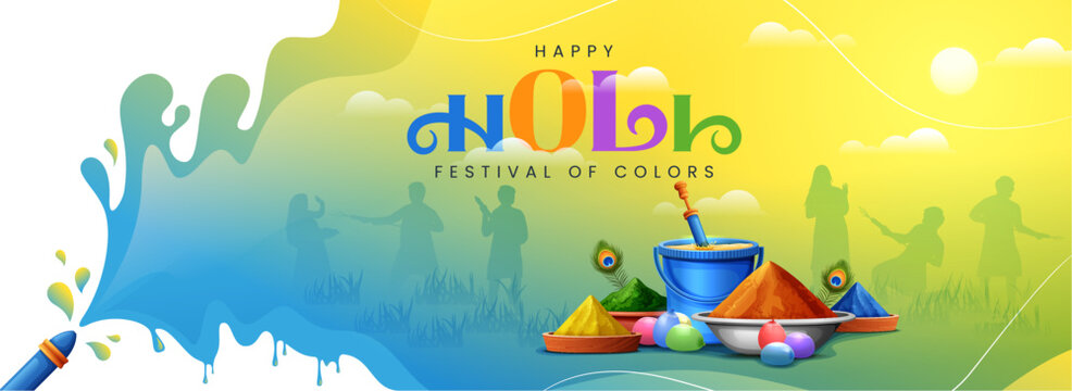 happy holi festival cover banner creative illustration with pichkari, color splash, gulal powder etc