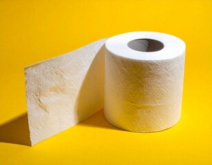 Empty and used toilet paper roll next to a full toilet paper roll on a bright yellow background.
