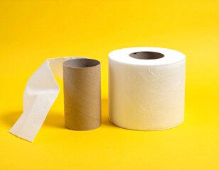 Empty and used toilet paper roll next to a full toilet paper roll on a bright yellow background.
