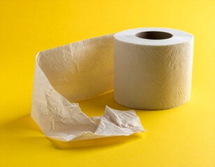 Empty and used toilet paper roll next to a full toilet paper roll on a bright yellow background.
