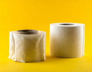 Empty and used toilet paper roll next to a full toilet paper roll on a bright yellow background.
