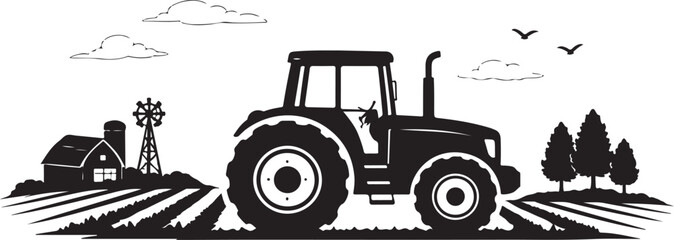 Farm Tractor Silhouette on Farmland Side View Vector