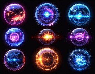 Force shield bubbles, energy glowing spheres or defense dome fields. Science fiction various deflector elements, firewall absolute protection isolated on black background.
