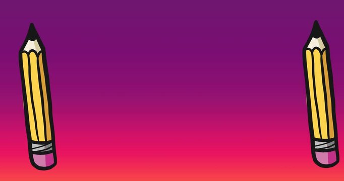 Animation of multiple pencil icons floating against copy space on purple gradient background