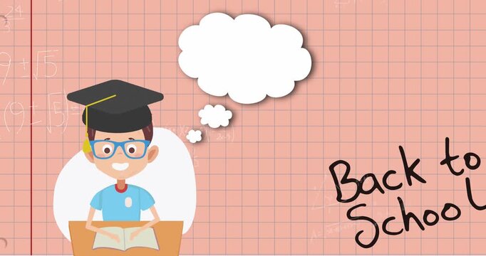Animation of back to school text and student icon with speech bubble over squared paper