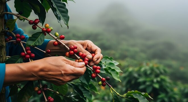 Farmer's hands carefully picking ripe red coffee cherries from a coffee plant branch on a misty farm.