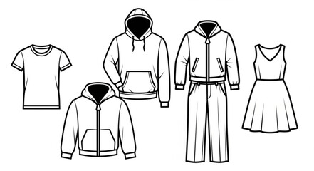 Collection of Clothing Items Line Art Illustration.