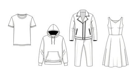 Fashion illustration of clothing items on white background.