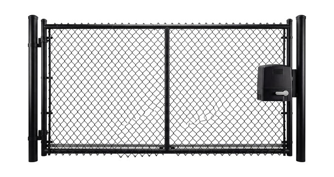Automatic chain-link gate with a black powder-coated finish.