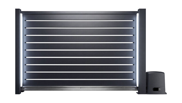 Modern automatic gate with LED lighting along its edges.
