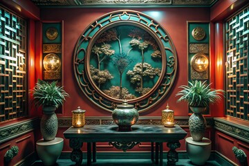 Fototapeta premium Luxurious Chinese inspired room with intricate decor and ambient lighting