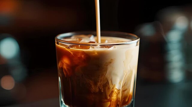 A close-up shot of a refreshing iced coffee being poured in a dark environment