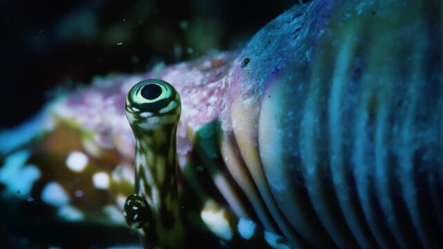 Watchful macro shot of a conch eye peeking from its shell, unique and mysterious sea snail in reef, representative of marine curiosity and vigilance