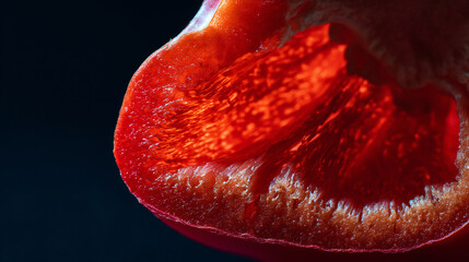 Fototapeta premium Red bell pepper cut open revealing juicy interior and seeds, dramatic close-up emphasizing freshness, texture, and vibrant color for culinary and food concept.