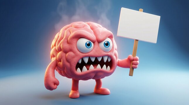 Angry Cartoon Brain Character Holding Protest Sign, Expressing Frustration or Stress - Conceptual 3D Illustration