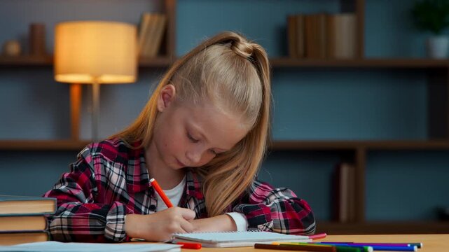 Caucasian girl kid focused busy daughter child drawing with color pencils at evening home at desk draw picture art therapy learning studying create homework education childish imagination childhood
