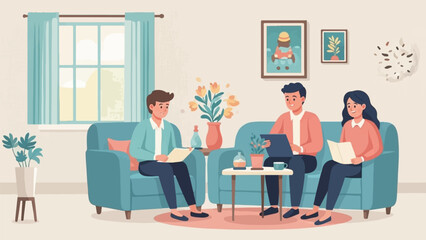 People meeting in a living room with blue couches and artwork on the wall