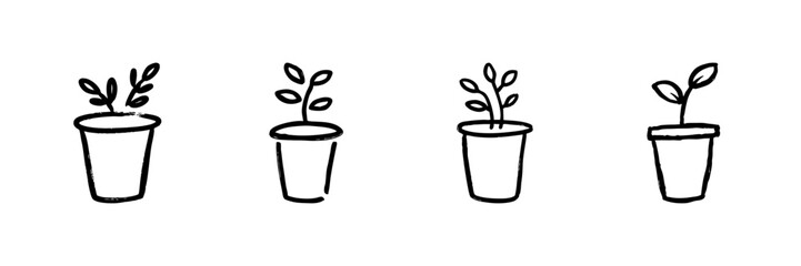 Potted Plant Growth Stages Line Icon Set In Doodle Style. Plant Development And Gardening Progression Outline Sketch Collection. Hand Drawn Isolated Vector Illustration