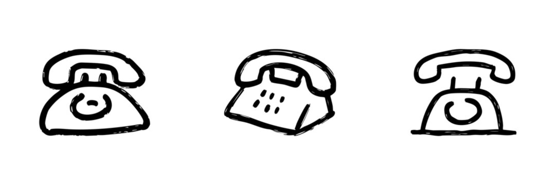 Retro Rotary Telephones Line Icon Set In Doodle Style. Vintage Communication Devices And Classic Phone Design Outline Sketch Collection. Hand Drawn Isolated Vector Illustration