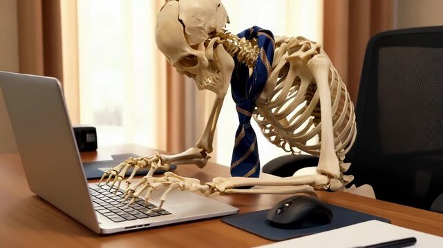 Skeleton working on laptop tired exhausted office worker concept death deadline burnout overwork concept human skeleton in tie typing on computer keyboard desk setup with notebook and pen