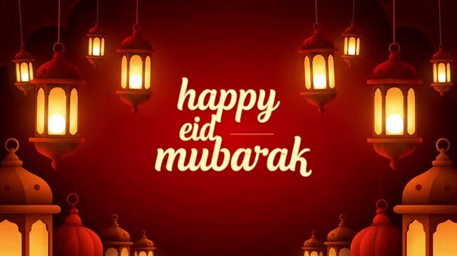 Celebrating Eid with a vibrant lantern greeting card featuring 'happy eid mubarak' in glowing text over a red backdrop