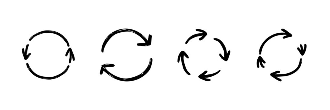 Circular Arrow Line Icon Set In Doodle Style. Recycling, Refresh, And Continuous Loop Outline Sketch Collection. Hand Drawn Isolated Vector Illustration