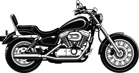 Classic motorcycle silhouette illustration, vintage cruiser bike design, detailed black white vector, custom chopper style, retro transport iconClassic motorcycle silhouette illustration, vintage crui © MstHafiza