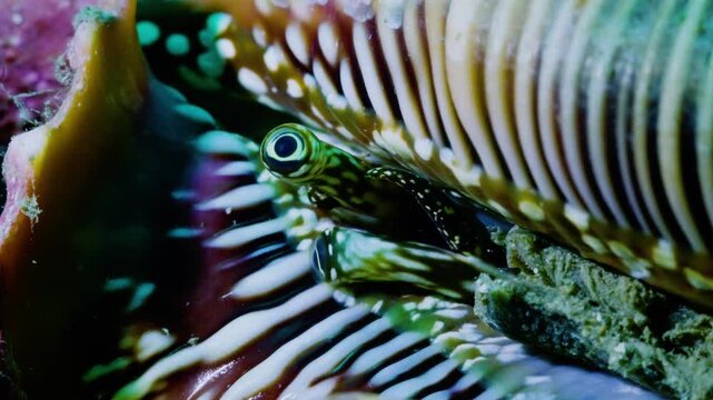 Watchful macro shot of a conch eye peeking from its shell, unique and mysterious sea snail in reef, representative of marine curiosity and vigilance