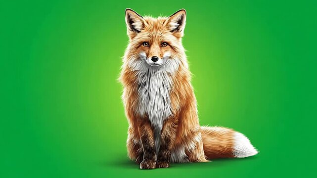 A red fox sits calmly on a green background