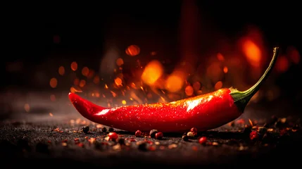 Keuken achterwand Hete pepers Red chili pepper on fire sparks with dramatic cinematic lighting, symbolizing heat, spiciness, and intense flavor for hot food, spice branding, and culinary concepts.  © Tichila