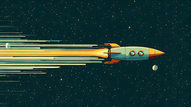 A vibrant illustration of a vintage rocket ship soaring through a starry night sky. Ideal for concepts of innovation, exploration, and achieving ambit