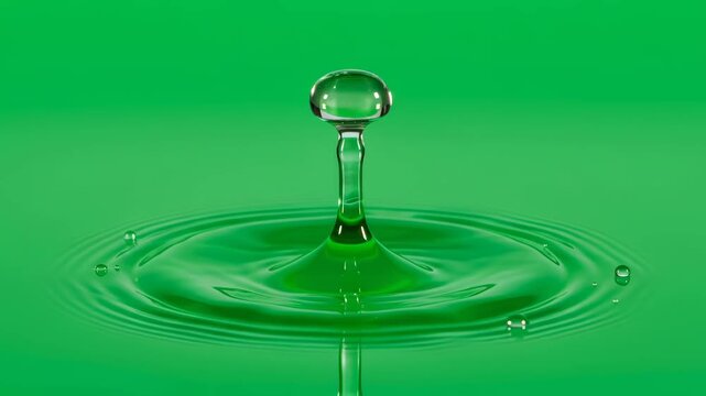 High speed liquid splash transition creating water ripples and crown formation on a green surface for chroma key footage.